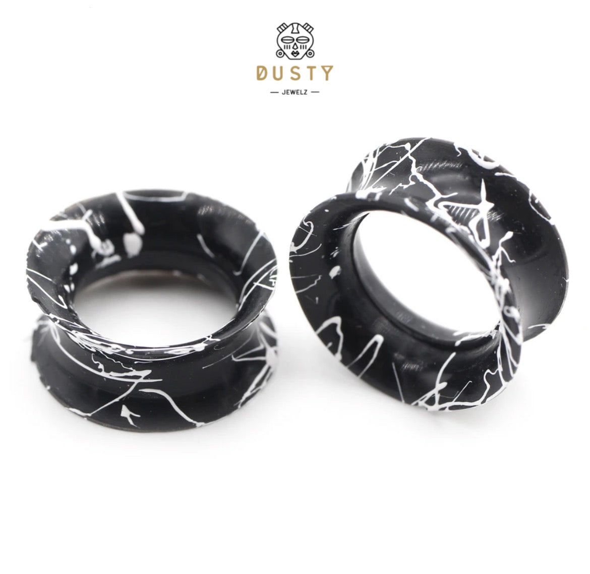 Silicone Ear Skins | Double Flare Tunnels | Splatter Paint | BLACK & WHITE