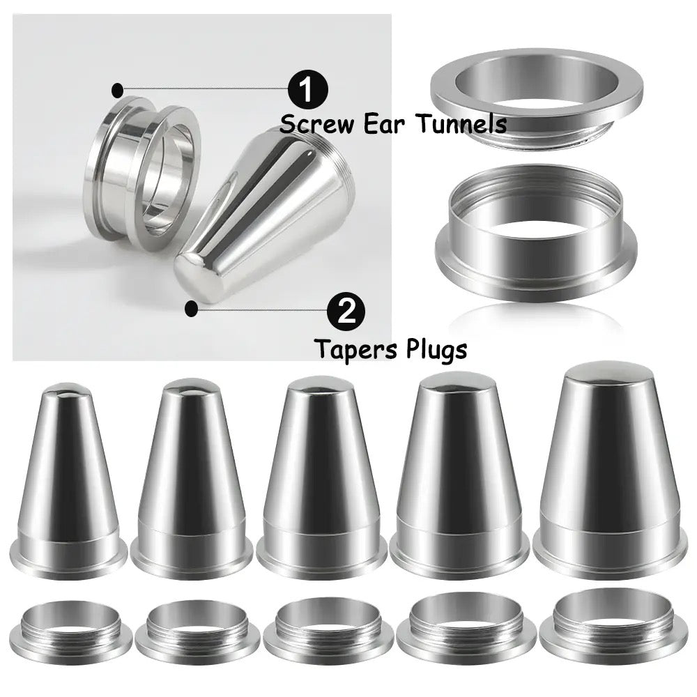 2 In 1 Taper & Tunnel Ear Stretching Set | Interchangeable Stainless Steel (3 Pieces) | From 22mm - 30mm - DustyJewelz
