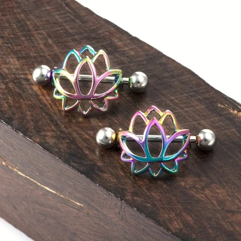 Lotus Flower Nipple Shield Piercing Ring With Barbell | Stainless Steel