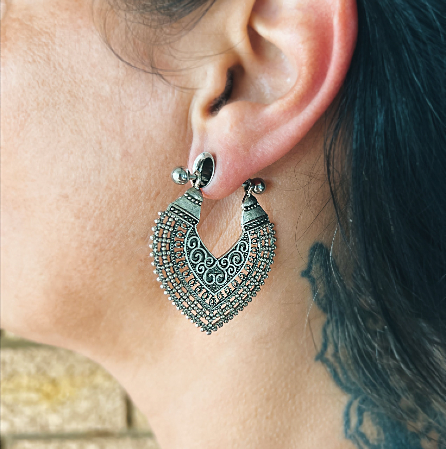 Filigree Shield Barbell Dangle Tunnels | Double Flare Ear Plugs