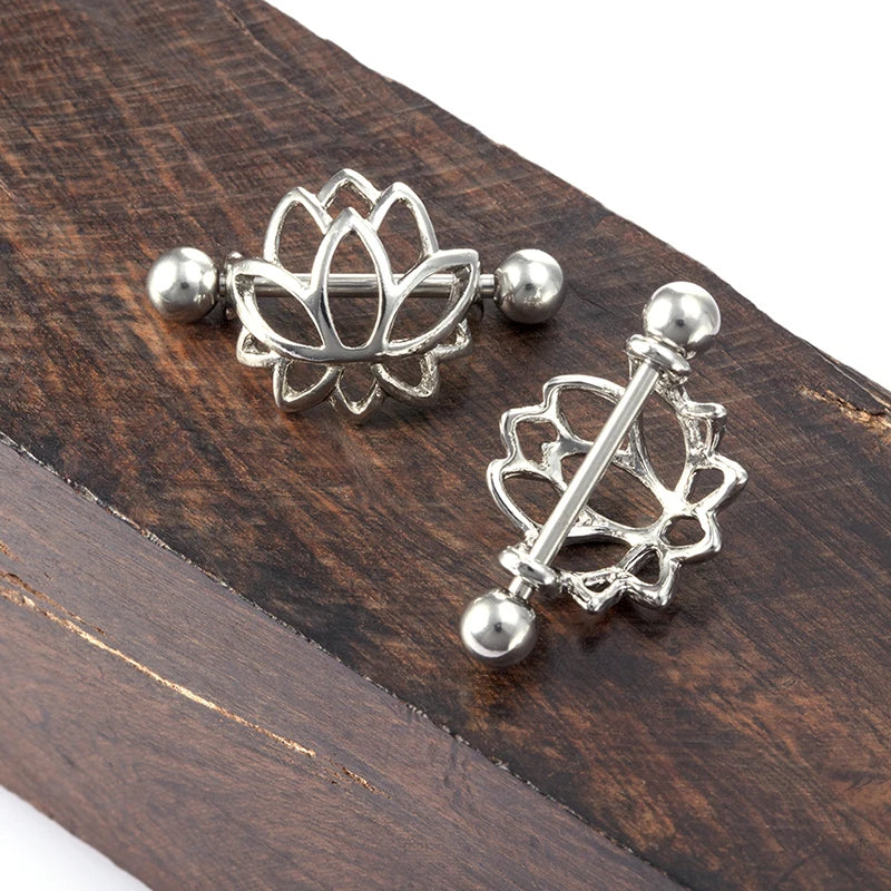 Lotus Flower Nipple Shield Piercing Ring With Barbell | Stainless Steel