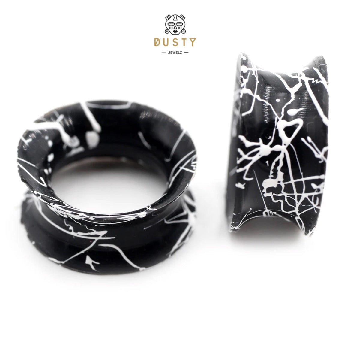Silicone Ear Skins | Double Flare Tunnels | Splatter Paint | BLACK & WHITE