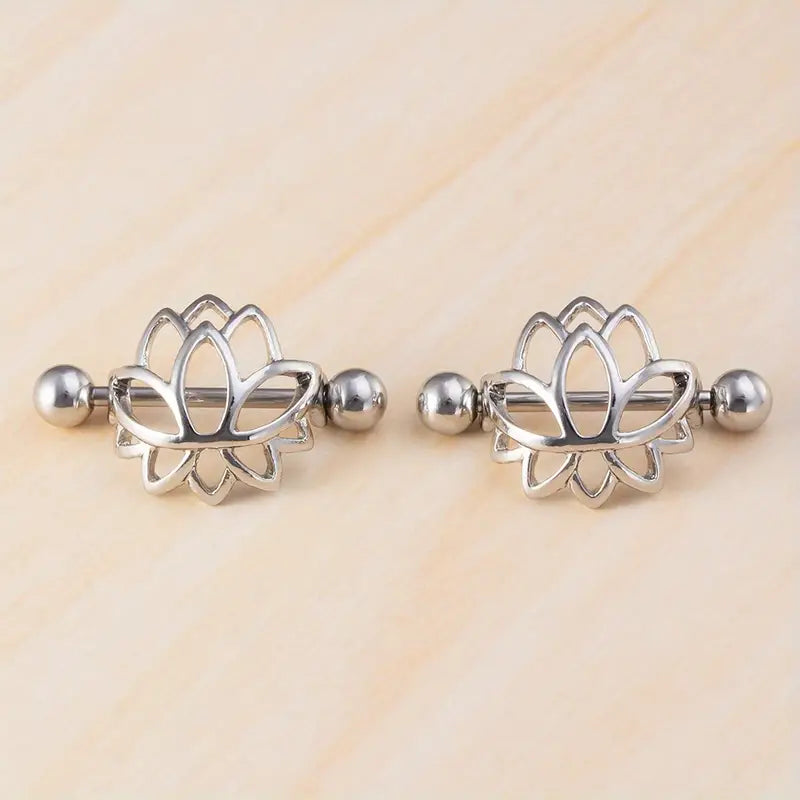Lotus Flower Nipple Shield Piercing Ring With Barbell | Stainless Steel