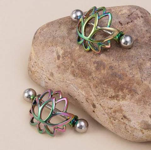 Lotus Flower Nipple Shield Piercing Ring With Barbell | Stainless Steel