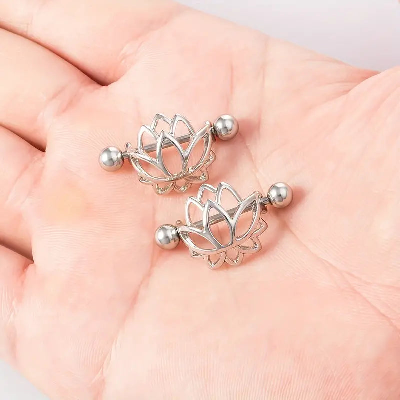 Lotus Flower Nipple Shield Piercing Ring With Barbell | Stainless Steel