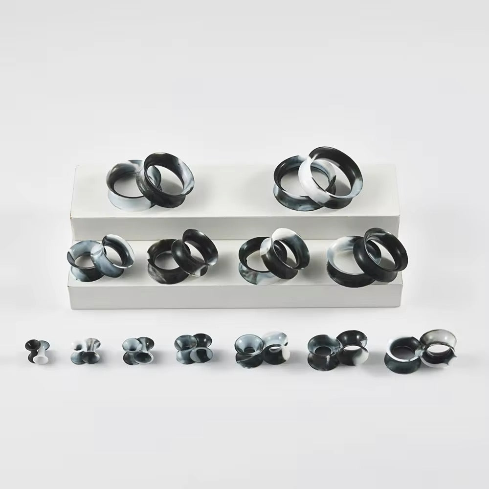 Marble Silicone Tunnels | Flexible Plugs | BLACK & WHITE | 3mm-25mm