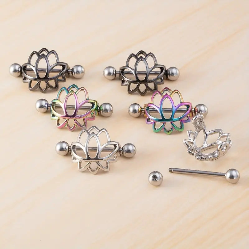 Lotus Flower Nipple Shield Piercing Ring With Barbell | Stainless Steel