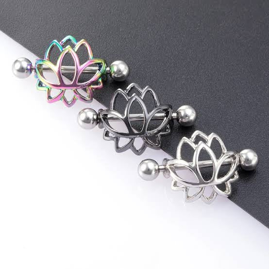 Lotus Flower Nipple Shield Piercing Ring With Barbell | Stainless Steel