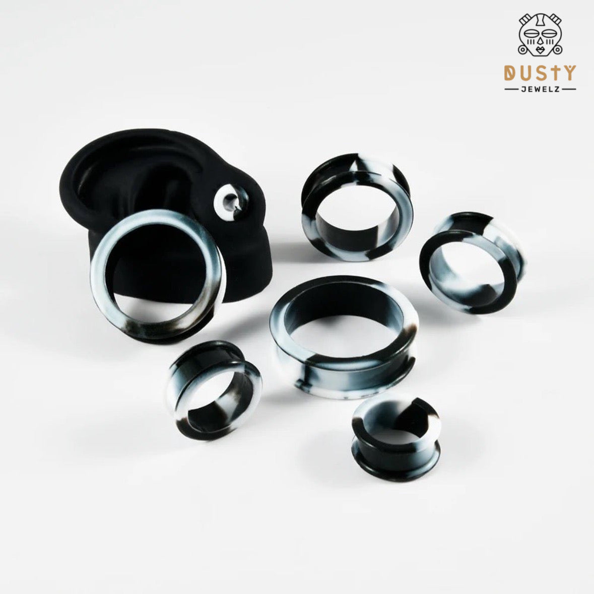 Extra Big Marble Silicone Tunnels | Flexible Plugs | BLACK & WHITE | 8mm-38mm