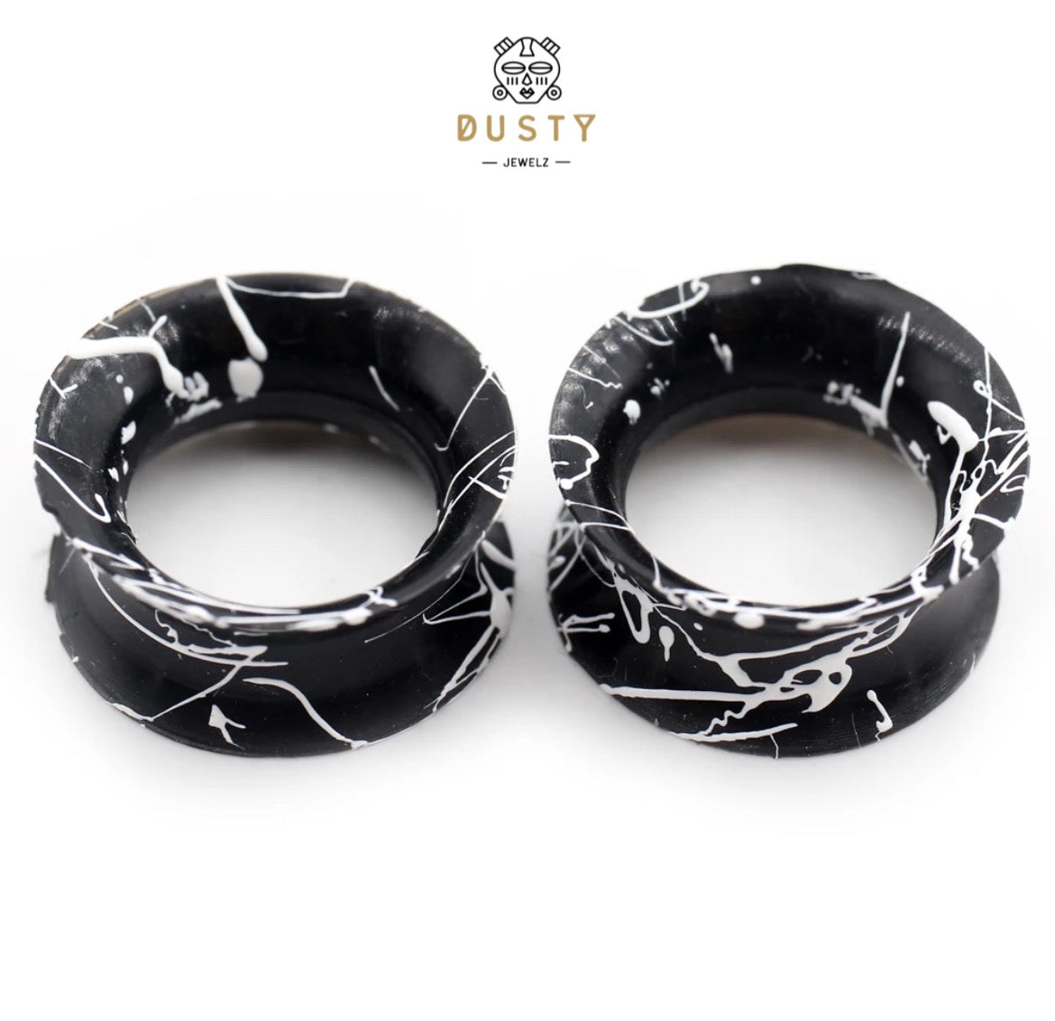Silicone Ear Skins | Double Flare Tunnels | Splatter Paint | BLACK & WHITE