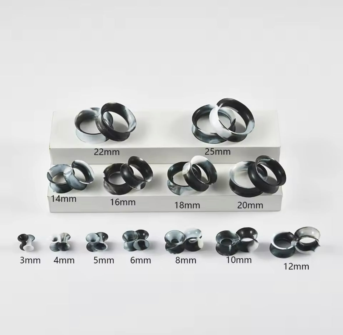 Marble Silicone Tunnels | Flexible Plugs | BLACK & WHITE | 3mm-25mm
