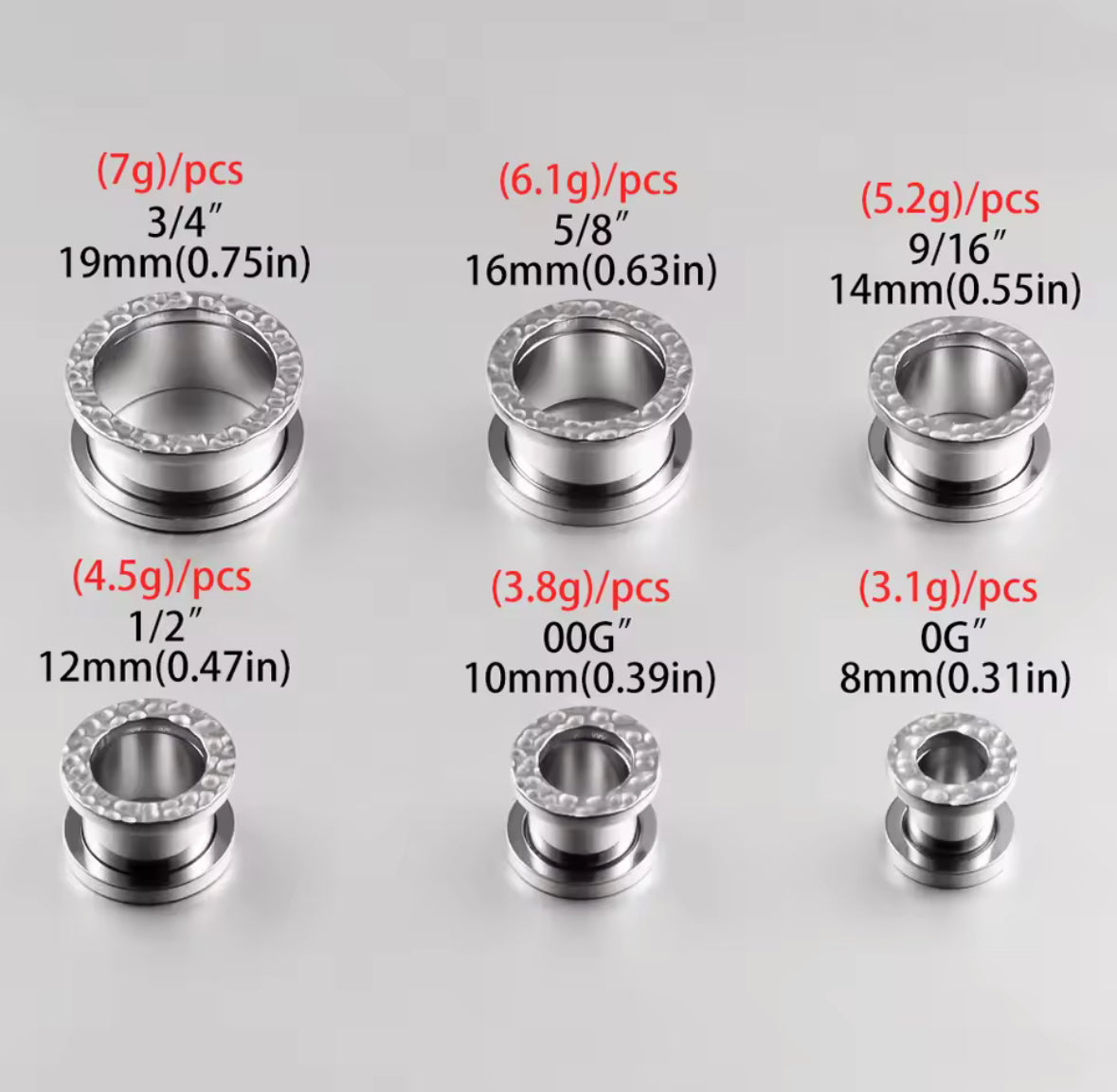 Hammered Stainless Steel Tunnels | Double Flare Screw Back