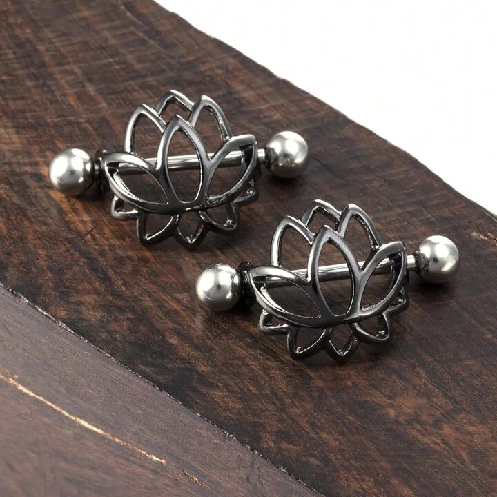 Lotus Flower Nipple Shield Piercing Ring With Barbell | Stainless Steel