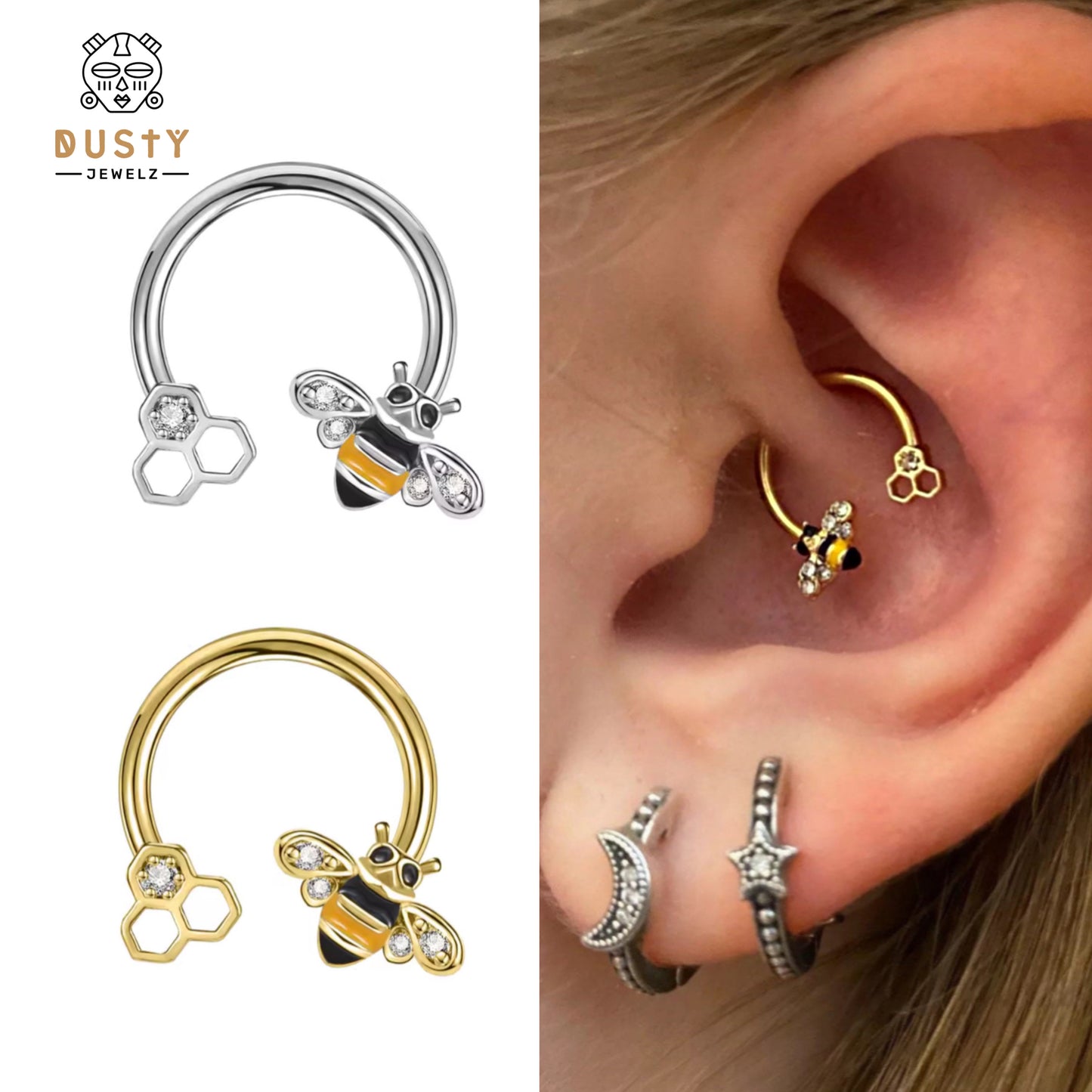 Honey Bee Horseshoe Septum Ring | Cartilage Piercing | 16g