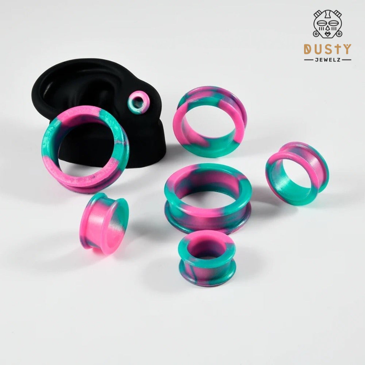 Extra Big Marble Silicone Tunnels | Flexible Plugs | AQUA & PINK | 8mm-38mm