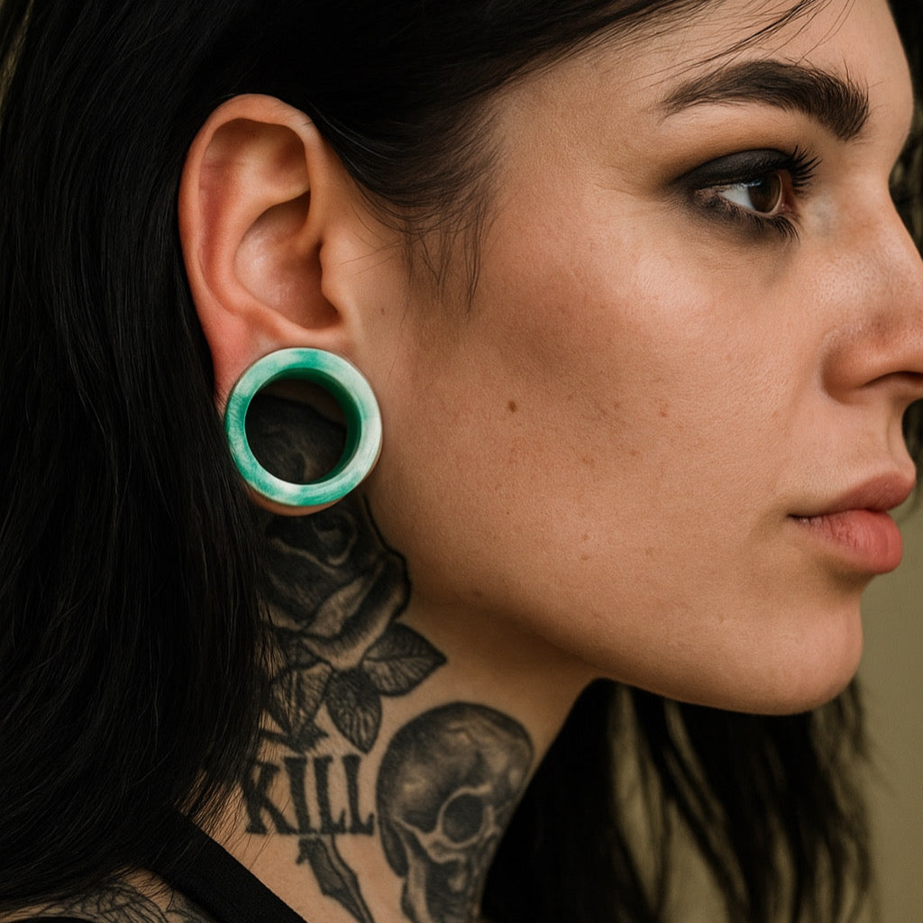 Extra Big Marble Silicone Tunnels | Flexible Plugs | AQUA & WHITE | 8mm-38mm