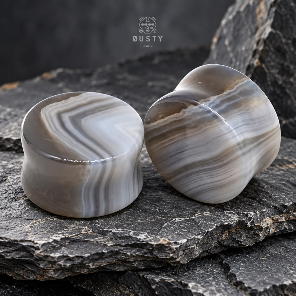 Natural Grey Line Agate Stone Double Flared Plugs | 6–16mm