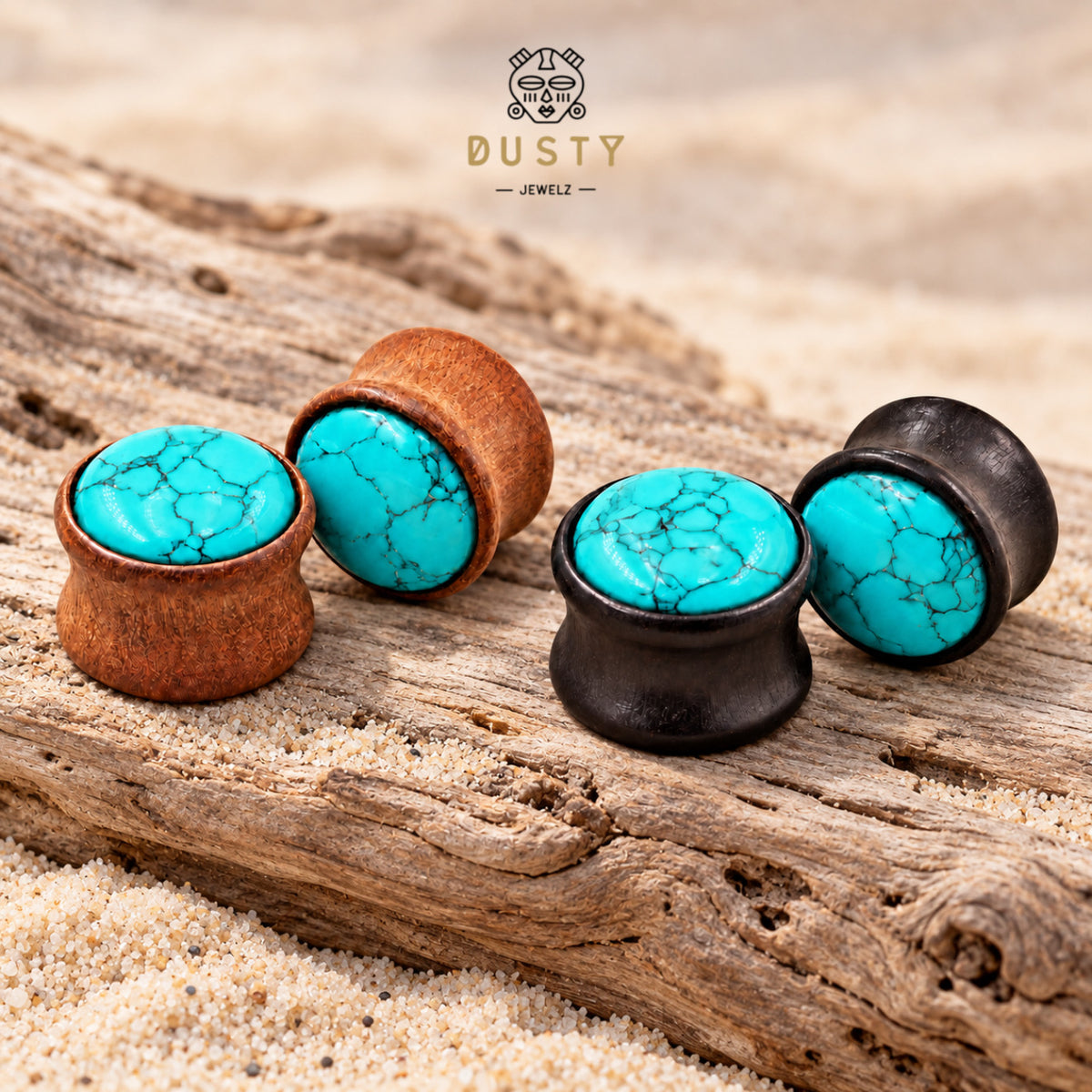 Turquoise Howlite & Wood Double Flare Plugs | 6–16mm