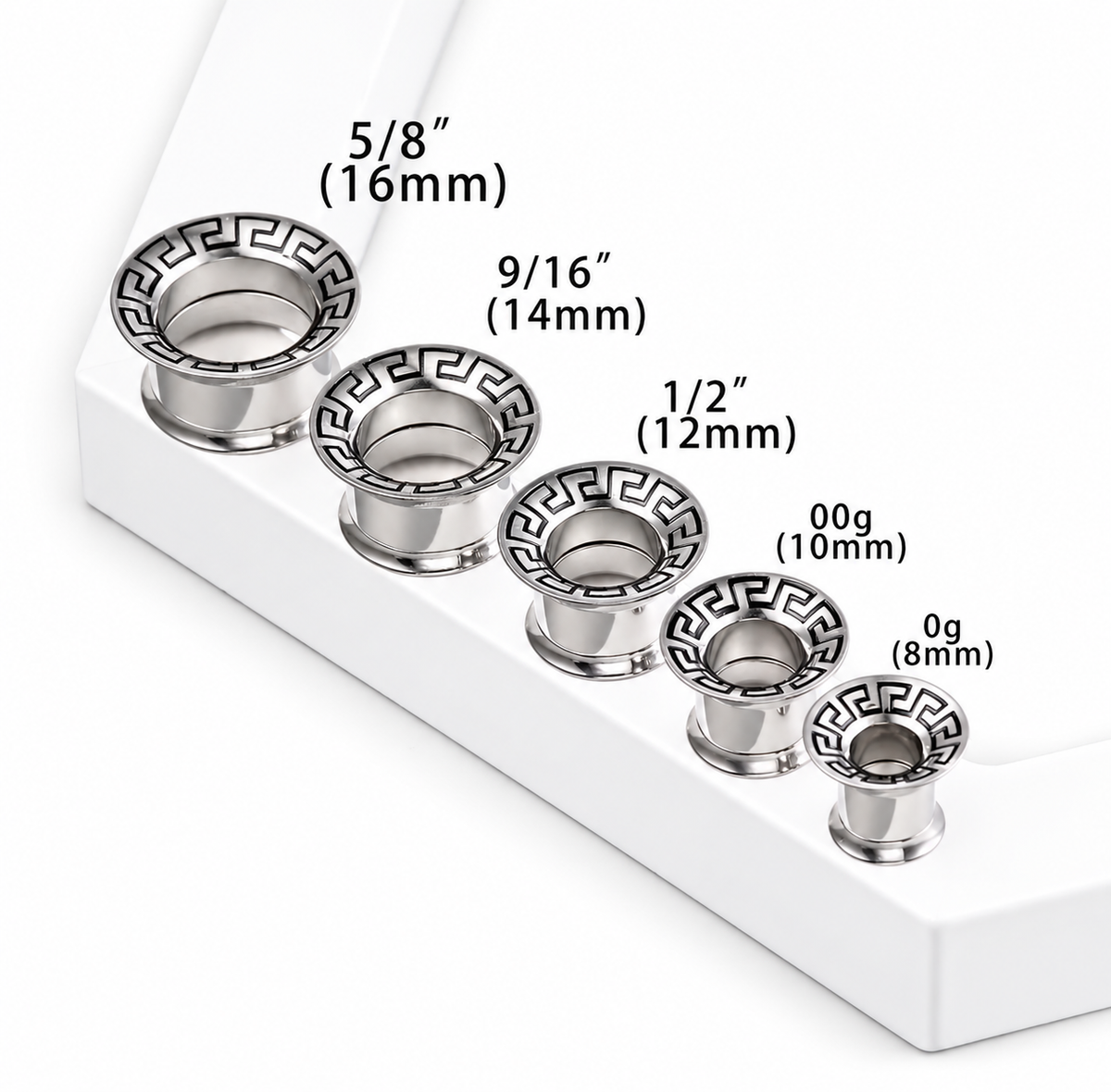 Greek Key Stainless Steel Screw Back Tunnels | Gold & Silver | 8–16mm
