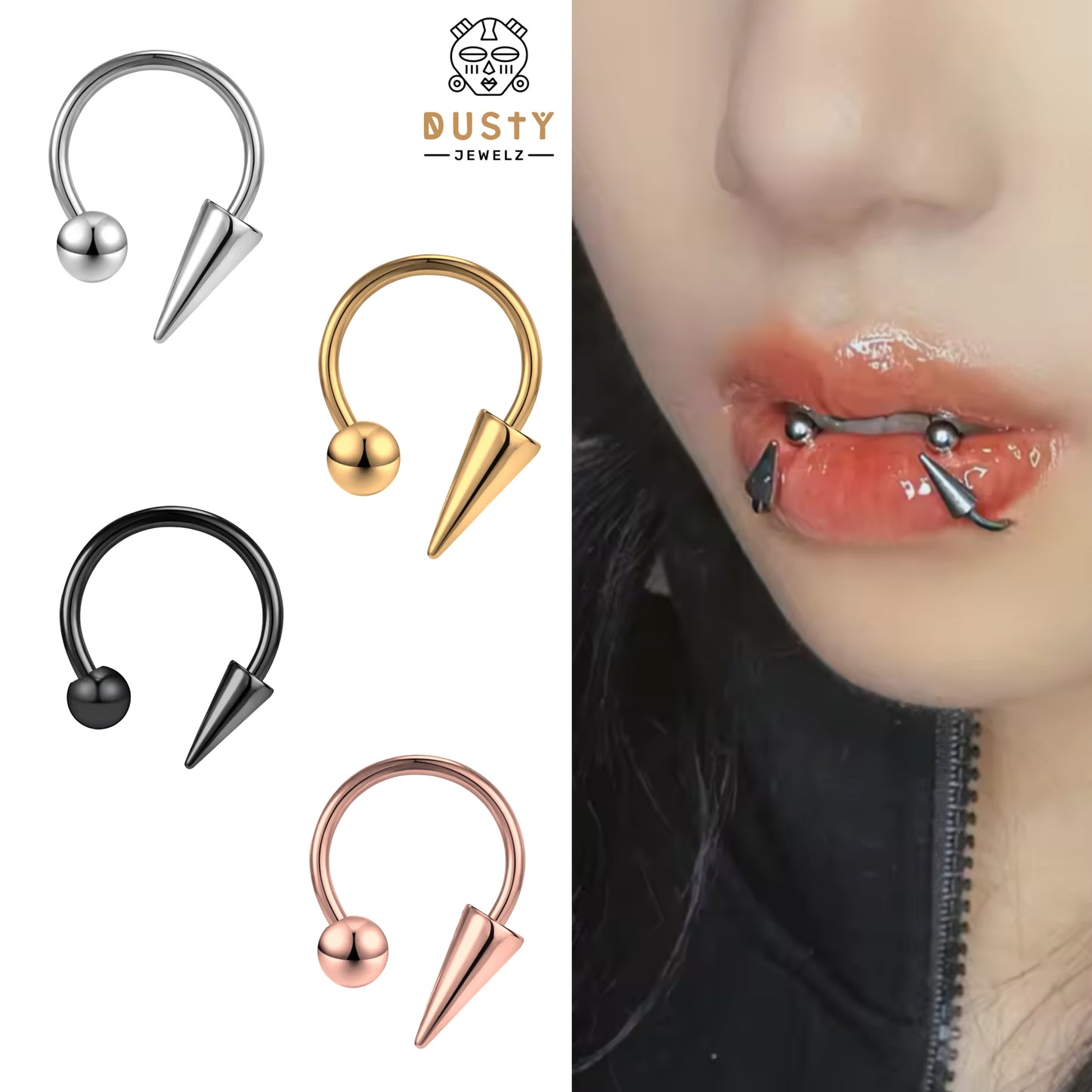Spike Lippy Loop Labret Ring Horseshoe | Snake Bite Piercing | Lip Hugger
