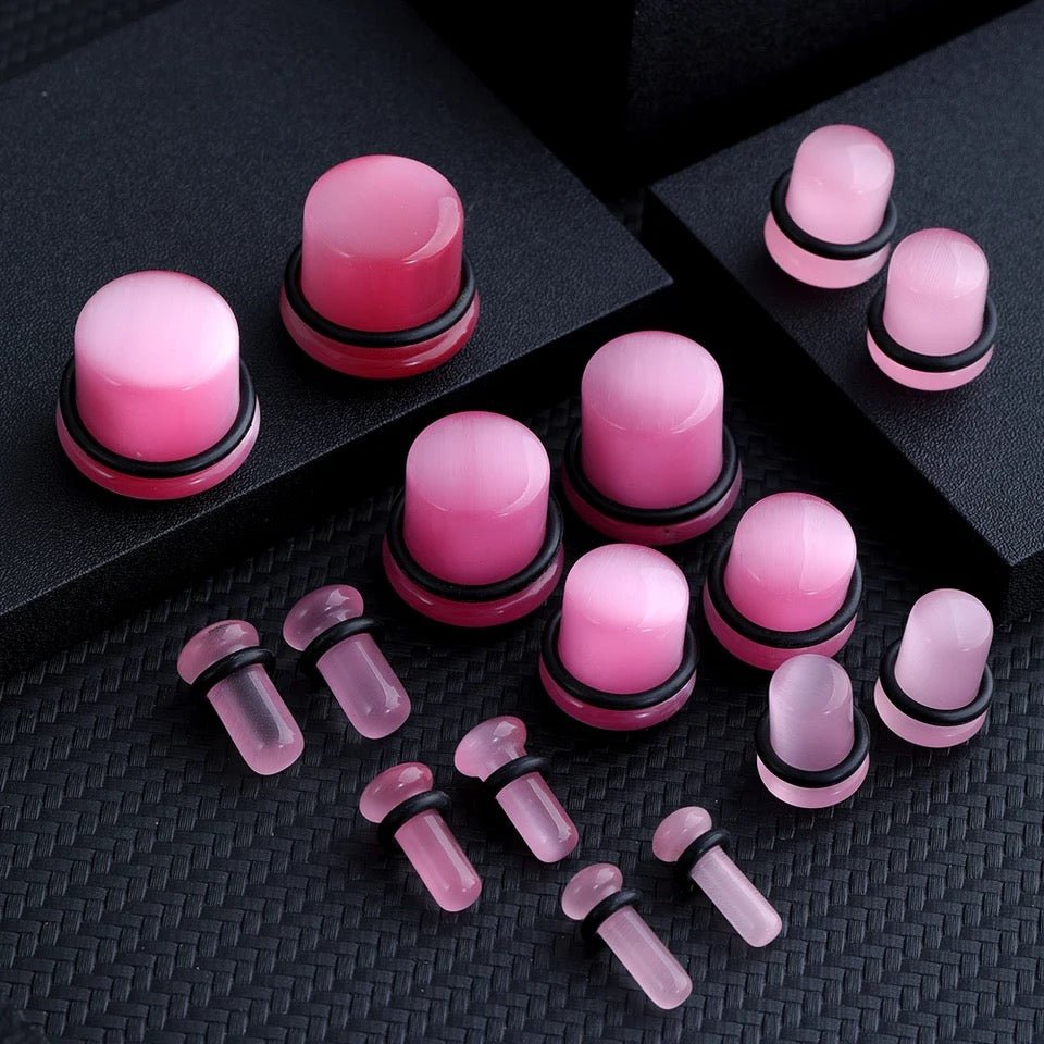 Pink Cat Eye Stone Plugs | Single Flare - DustyJewelz