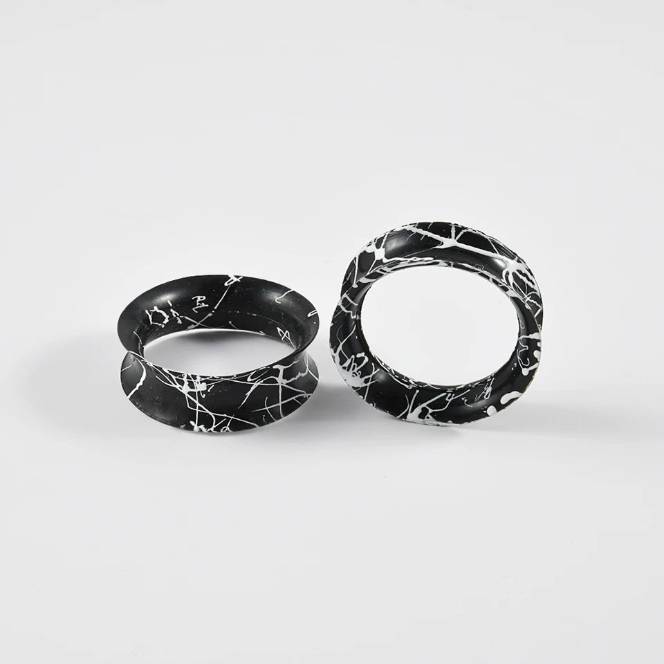 Silicone Ear Skins | Double Flare Tunnels | Splatter Paint | BLACK & WHITE - DustyJewelz