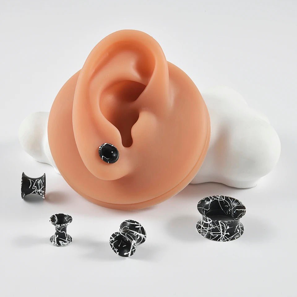 Silicone Ear Skins | Double Flare Tunnels | Splatter Paint | BLACK & WHITE - DustyJewelz