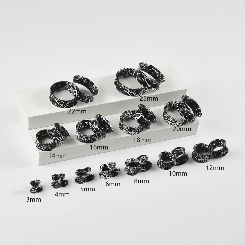 Silicone Ear Skins | Double Flare Tunnels | Splatter Paint | BLACK & WHITE - DustyJewelz