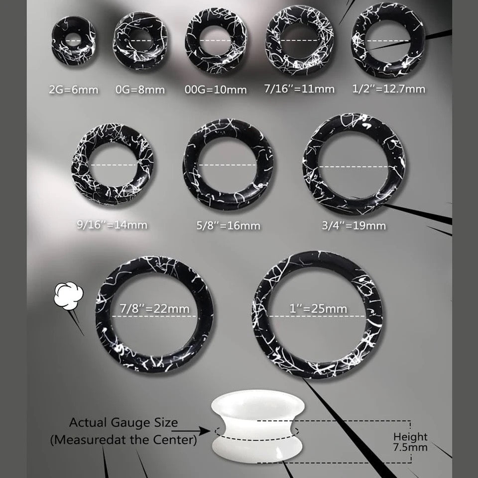 Silicone Ear Skins | Double Flare Tunnels | Splatter Paint | BLACK & WHITE - DustyJewelz