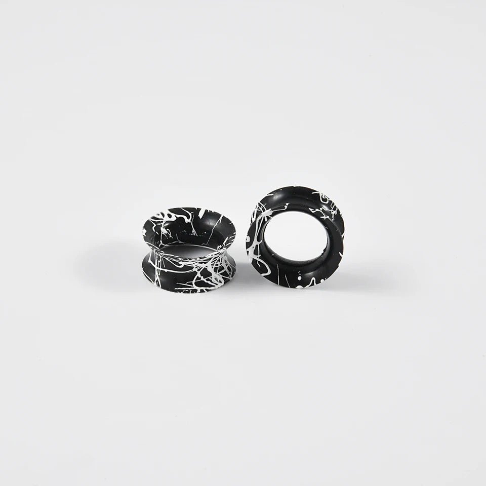 Silicone Ear Skins | Double Flare Tunnels | Splatter Paint | BLACK & WHITE - DustyJewelz