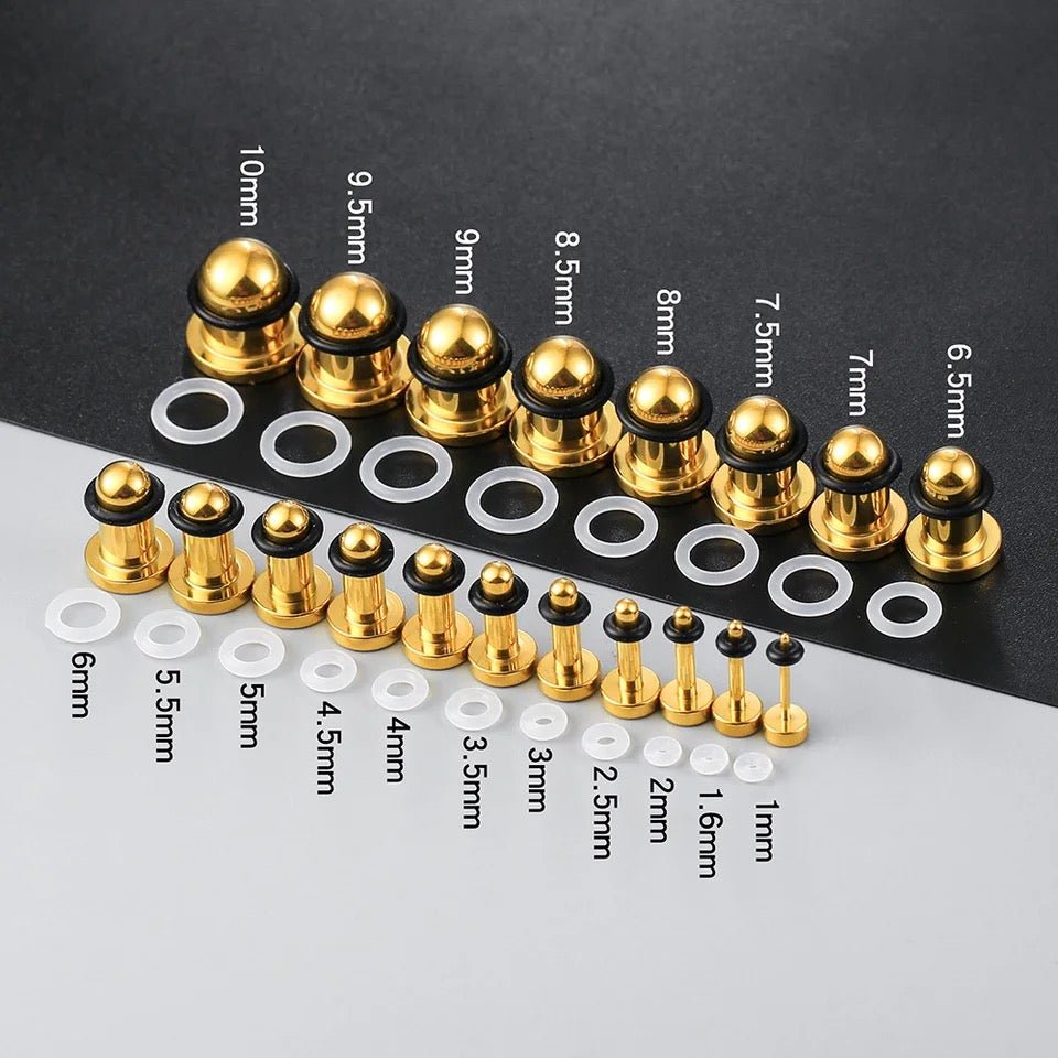 Single Flare GOLD Steel Plugs | Dead Stretching Plug | 0.5mm Increments - DustyJewelz