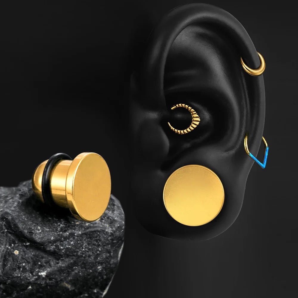 Single Flare GOLD Steel Plugs | Dead Stretching Plug | 0.5mm Increments - DustyJewelz