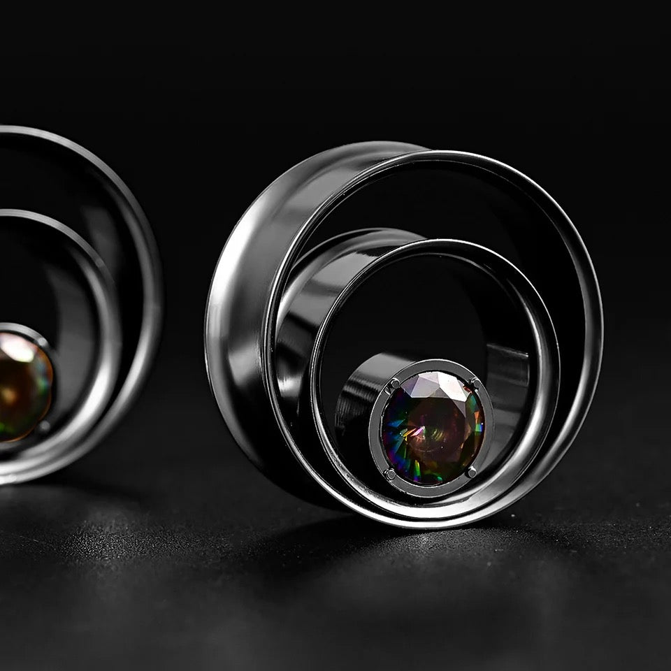AB Crystal Swirl Ear Tunnels | Spiral Multi Layered Steel Plugs - DustyJewelz
