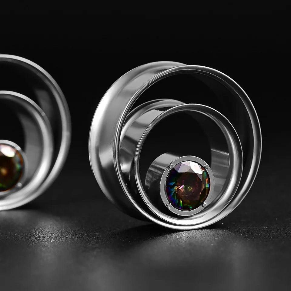 AB Crystal Swirl Ear Tunnels | Spiral Multi Layered Steel Plugs - DustyJewelz