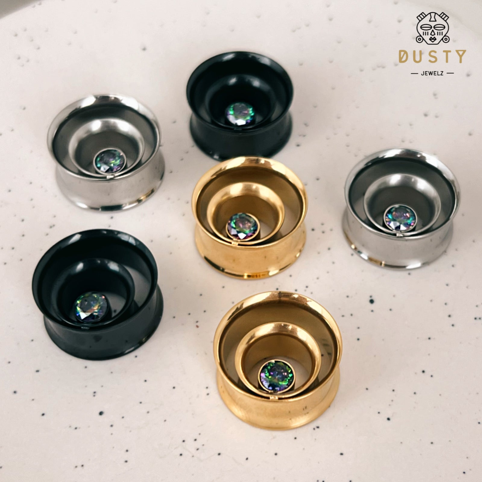 AB Crystal Swirl Ear Tunnels | Spiral Multi Layered Steel Plugs - DustyJewelz