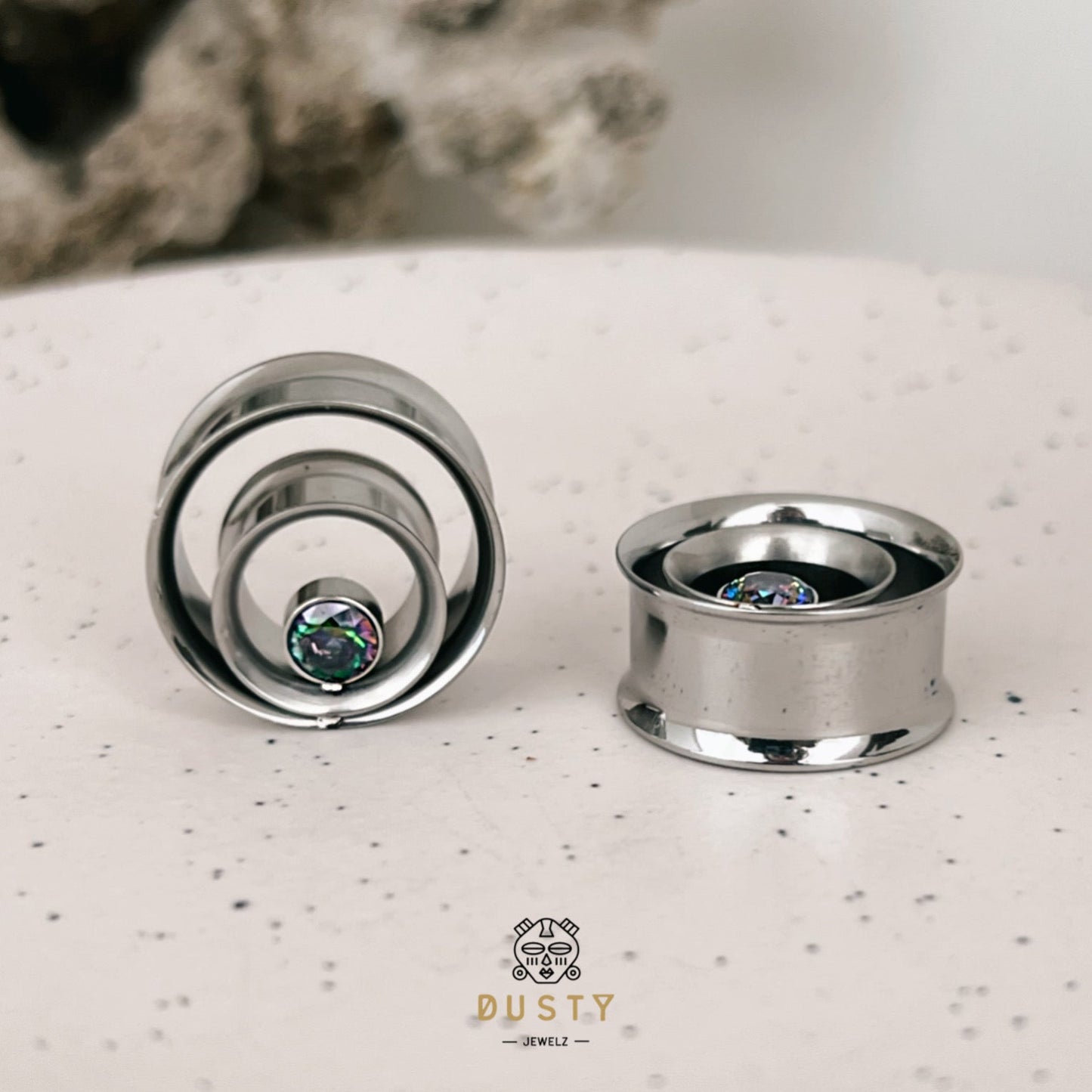 AB Crystal Swirl Ear Tunnels | Spiral Multi Layered Steel Plugs - DustyJewelz