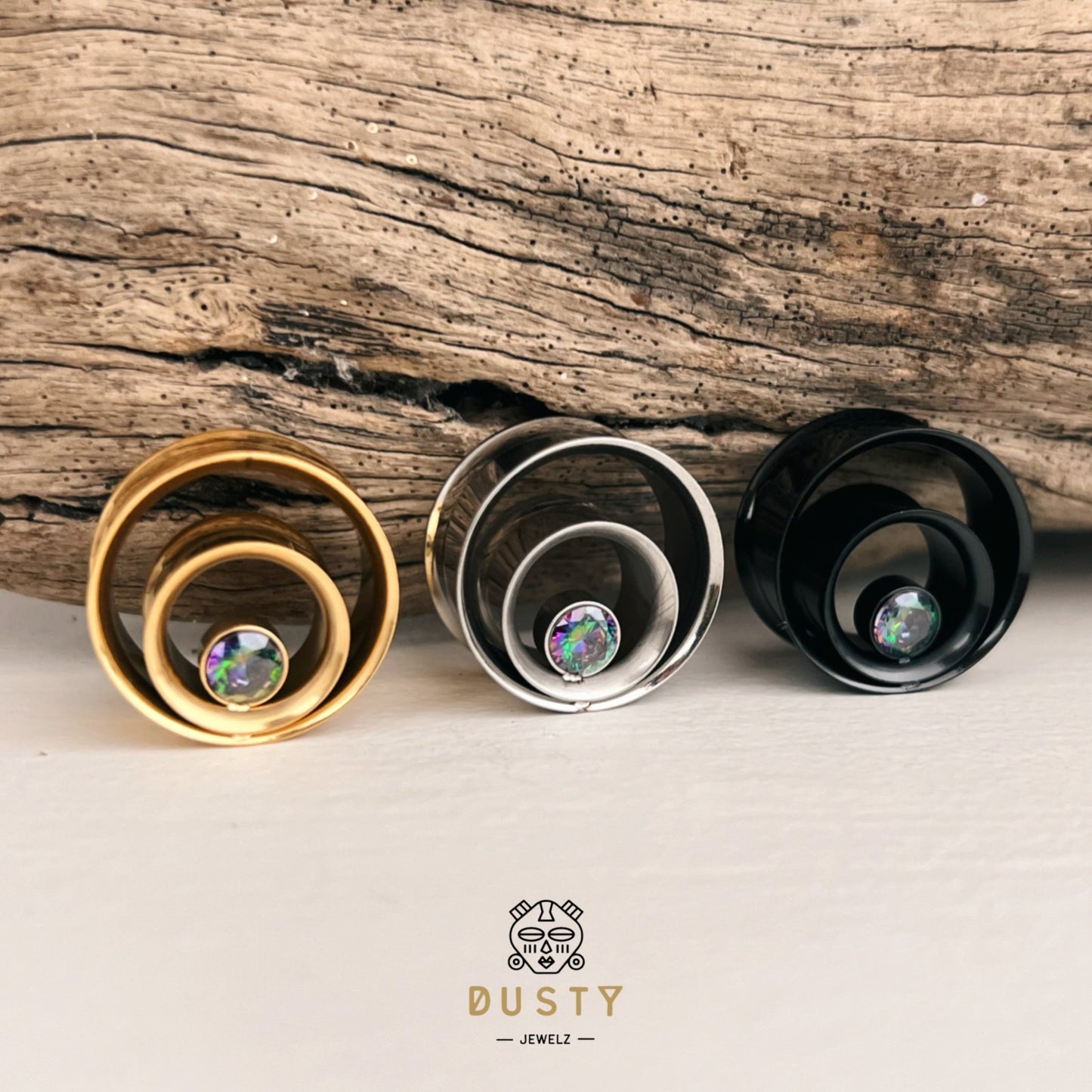 AB Crystal Swirl Ear Tunnels | Spiral Multi Layered Steel Plugs - DustyJewelz