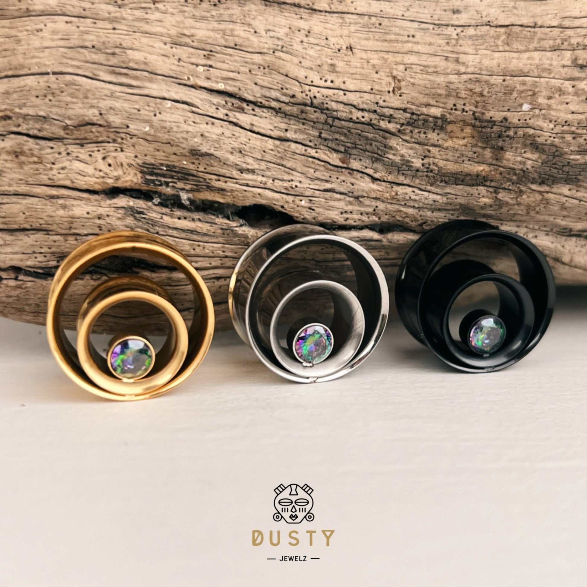 AB Crystal Swirl Ear Tunnels | Spiral Multi Layered Steel Plugs - DustyJewelz