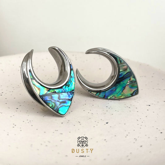 Abalone Shell Saddle Plugs | Reversible Shield Lobe Spreaders - DustyJewelz