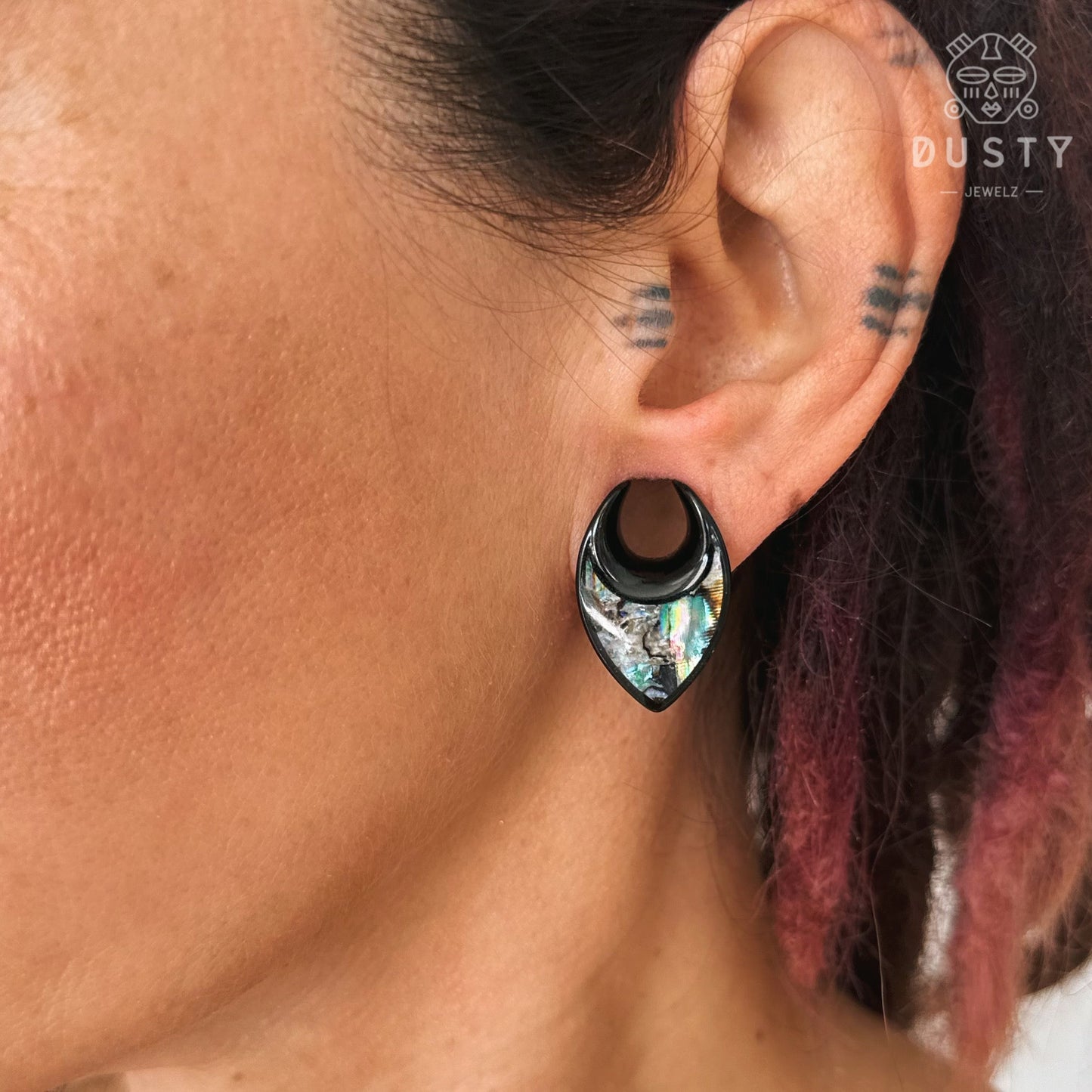 Abalone Shell Saddle Plugs | Reversible Shield Lobe Spreaders - DustyJewelz