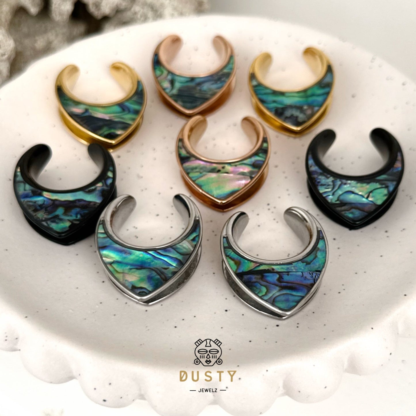 Abalone Shell Saddle Plugs | Reversible Shield Lobe Spreaders - DustyJewelz
