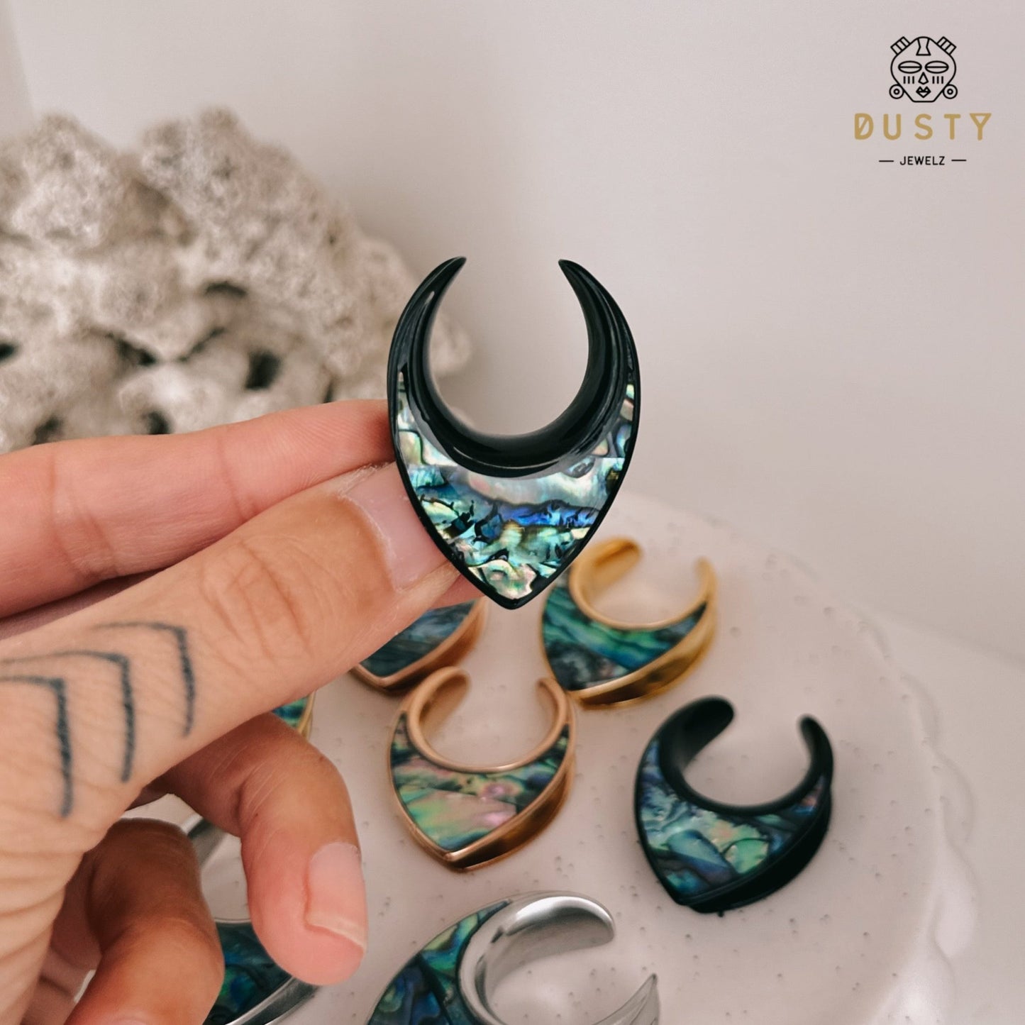 Abalone Shell Saddle Plugs | Reversible Shield Lobe Spreaders - DustyJewelz