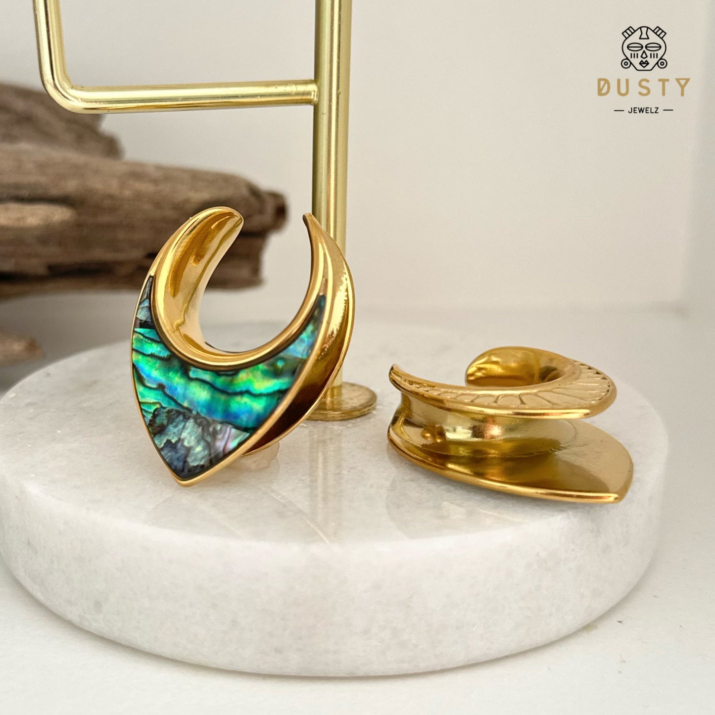 Abalone Shell Saddle Plugs | Reversible Shield Lobe Spreaders - DustyJewelz