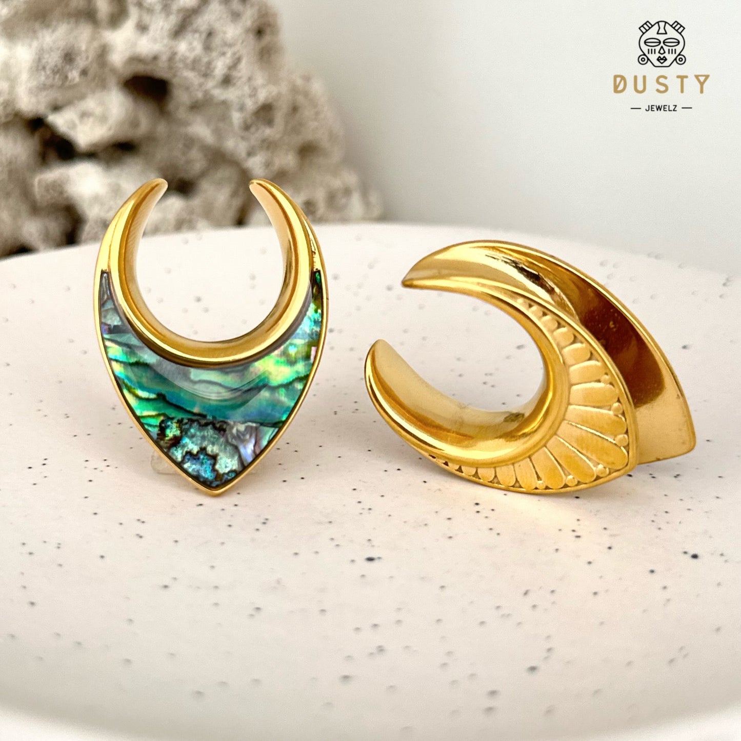 Abalone Shell Saddle Plugs | Reversible Shield Lobe Spreaders - DustyJewelz