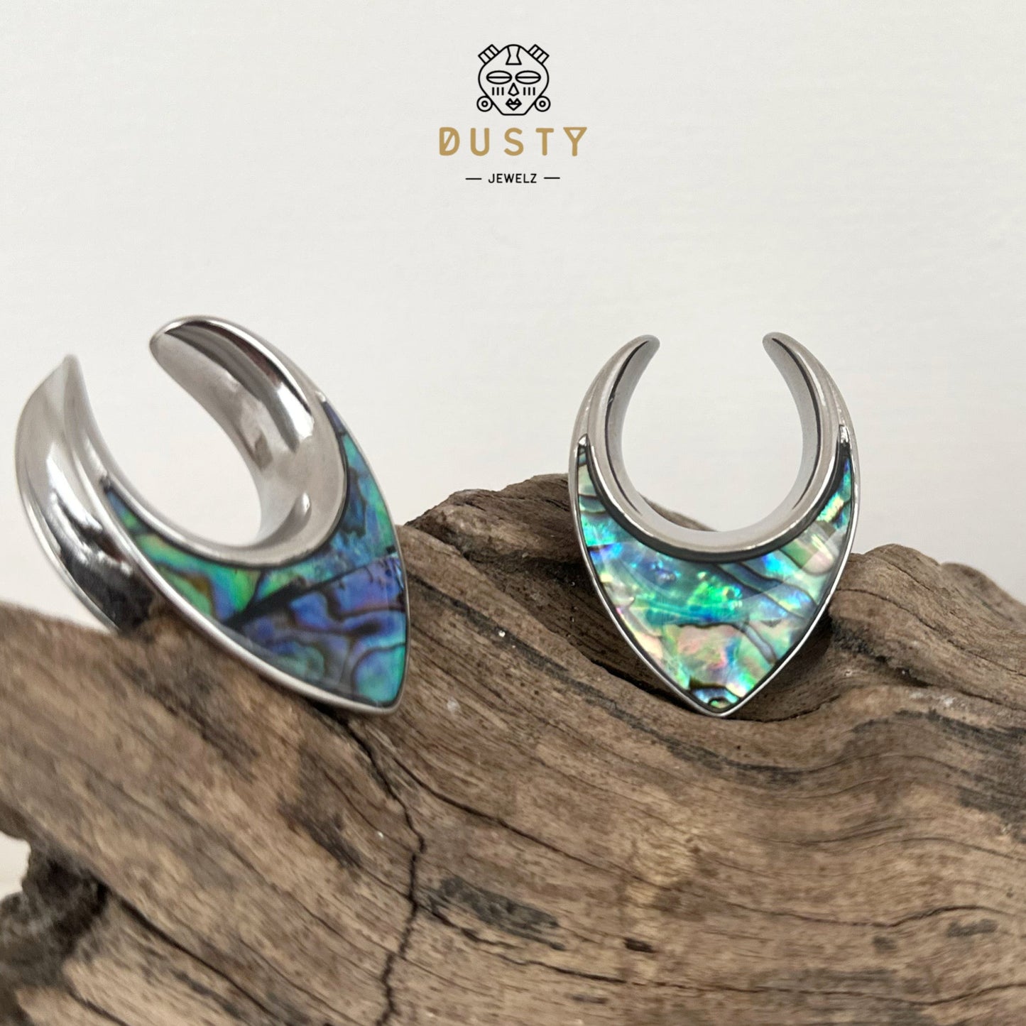 Abalone Shell Saddle Plugs | Reversible Shield Lobe Spreaders - DustyJewelz
