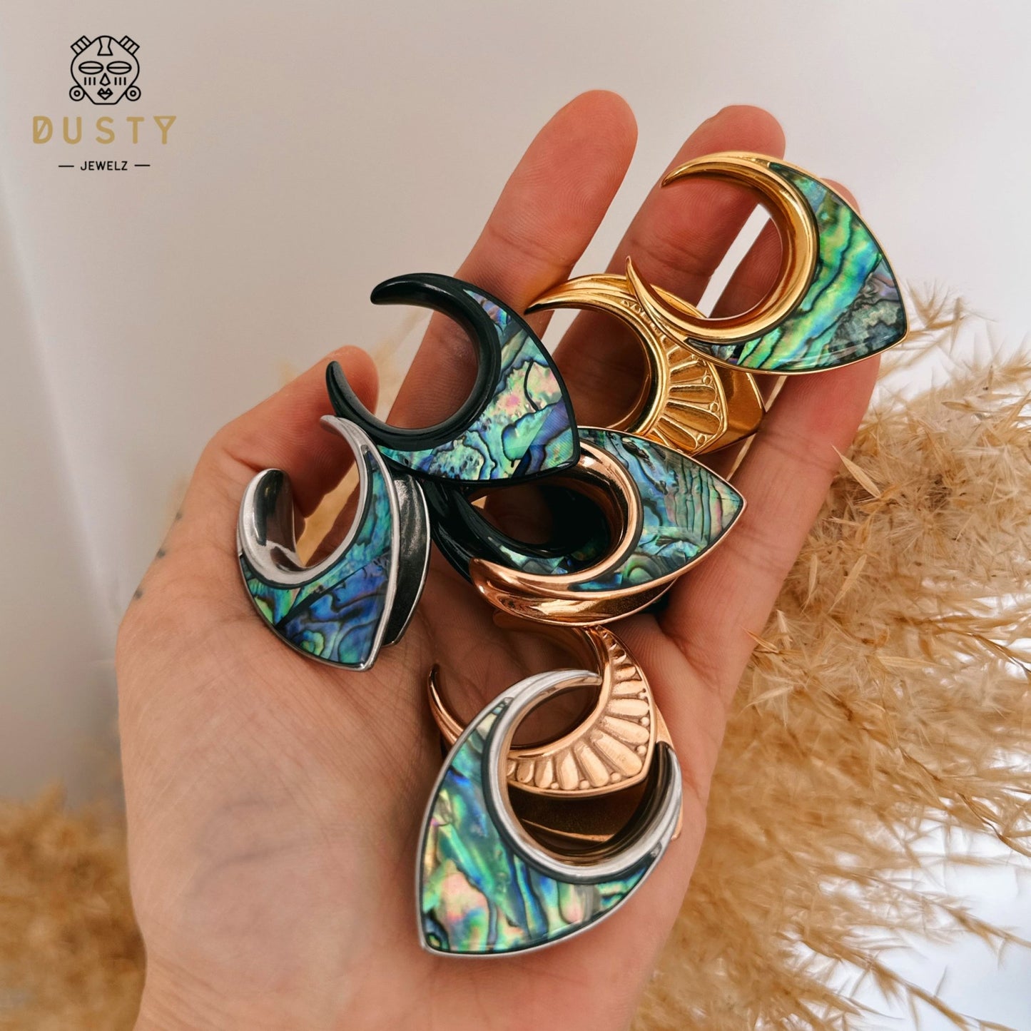 Abalone Shell Saddle Plugs | Reversible Shield Lobe Spreaders - DustyJewelz