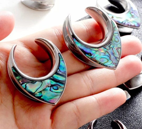Abalone Shell Saddle Plugs | Reversible Shield Lobe Spreaders - DustyJewelz