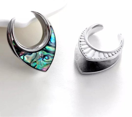 Abalone Shell Saddle Plugs | Reversible Shield Lobe Spreaders - DustyJewelz