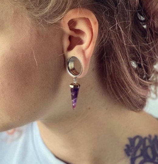 Amethyst Pendant Steel Dangle Plugs - DustyJewelz