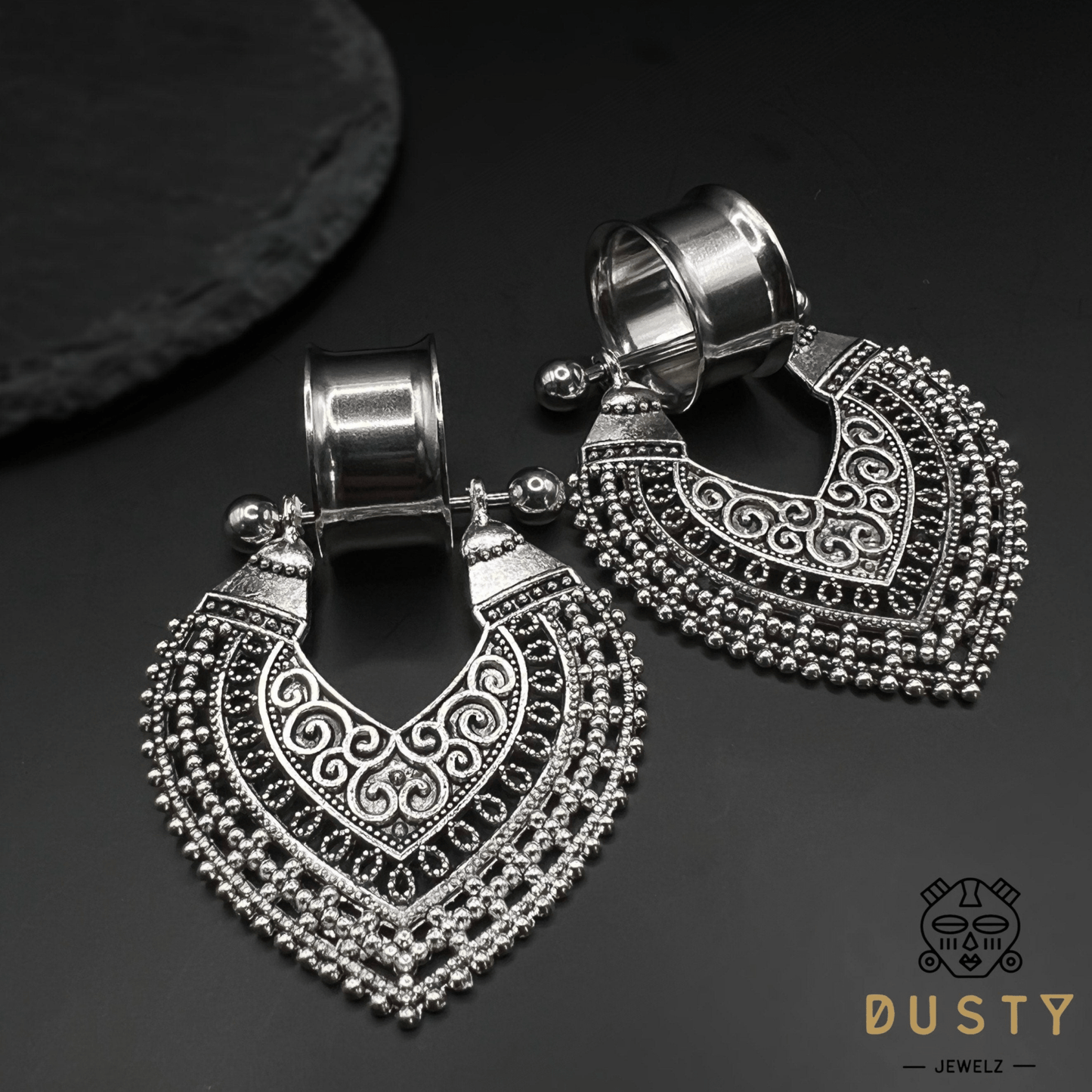 Antique Shield Dangle Tunnels - DustyJewelz